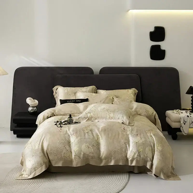 Cream-colored satin bedding set with delicate gold floral embroidery for elegant mint floral eucalyptus fiber bedding decorbites