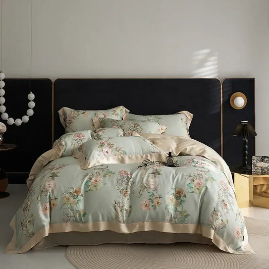 Elegant mint green satin eucalyptus fiber bedding set with delicate floral embroidery and cream piping decorbites eucalyptus fiber