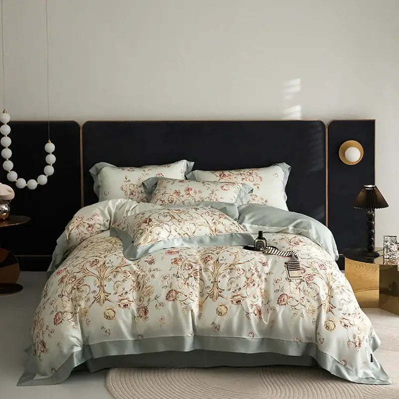 Elegant light green satin eucalyptus fiber bedding set with floral vine patterns and matching pillowcases for decorbites eucalyptus fiber bedding
