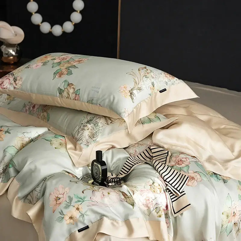 Elegant light green satin bedding set with pink and peach floral patterns and cream piping made from eucalyptus fiber by decorbites