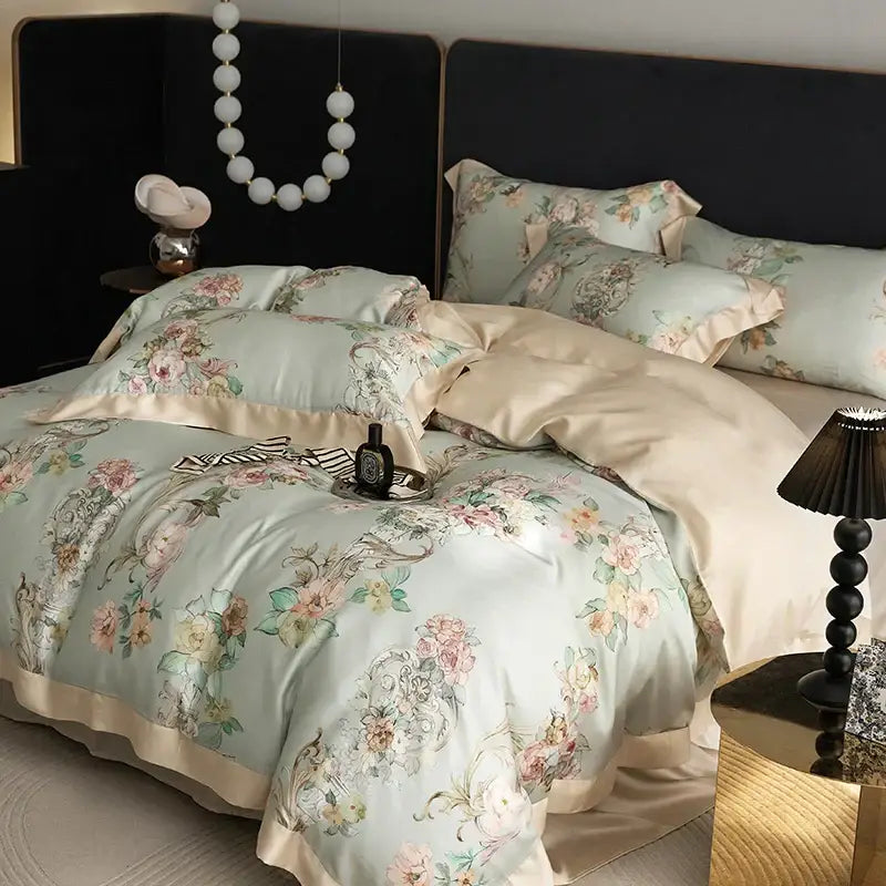 Elegant mint floral eucalyptus fiber bedding set in light green satin with pink cream floral decorbites eucalyptus fiber trim