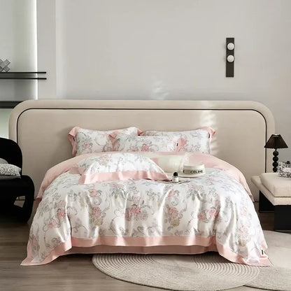 Pink floral satin bedding set with delicate rose patterns and matching pink trim featuring decorbites eucalyptus fiber