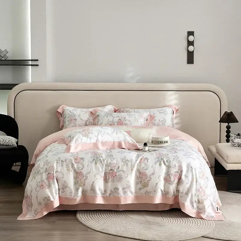 Pink floral satin bedding set with delicate rose patterns and matching pink trim featuring decorbites eucalyptus fiber