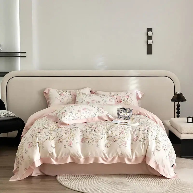 Pink floral satin bedding set with delicate lace trim featuring decorbites eucalyptus fiber for elegant bedroom decor