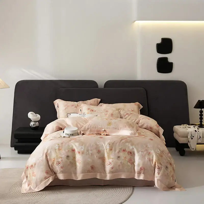 A soft blush pink satin duvet cover with floral pattern and ruffled edges in elegant mint eucalyptus fiber bedding set decorbites eucalyptus fiber