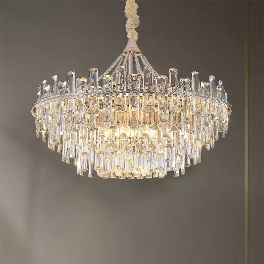 Elegant multi tiered crystal pendant lights with clear glass prisms and white top for dining room decorbites elegant room lights