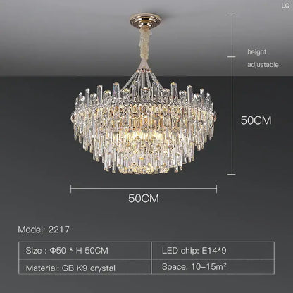 A luxurious 50cm pendant light with cascading clear GB K9 crystal prisms and polished brass mount for elegant room decorbites room lights
