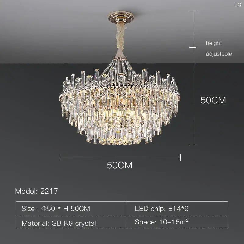 A luxurious 50cm pendant light with cascading clear GB K9 crystal prisms and polished brass mount for elegant room decorbites room lights