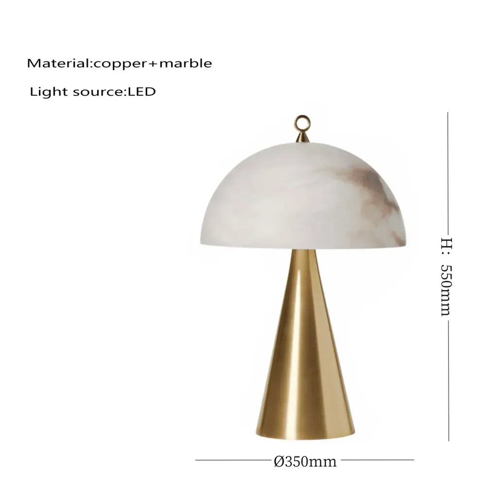 A decorbites elegant natural marble table lamp with a polished copper base and white marble dome shade illuminated by led