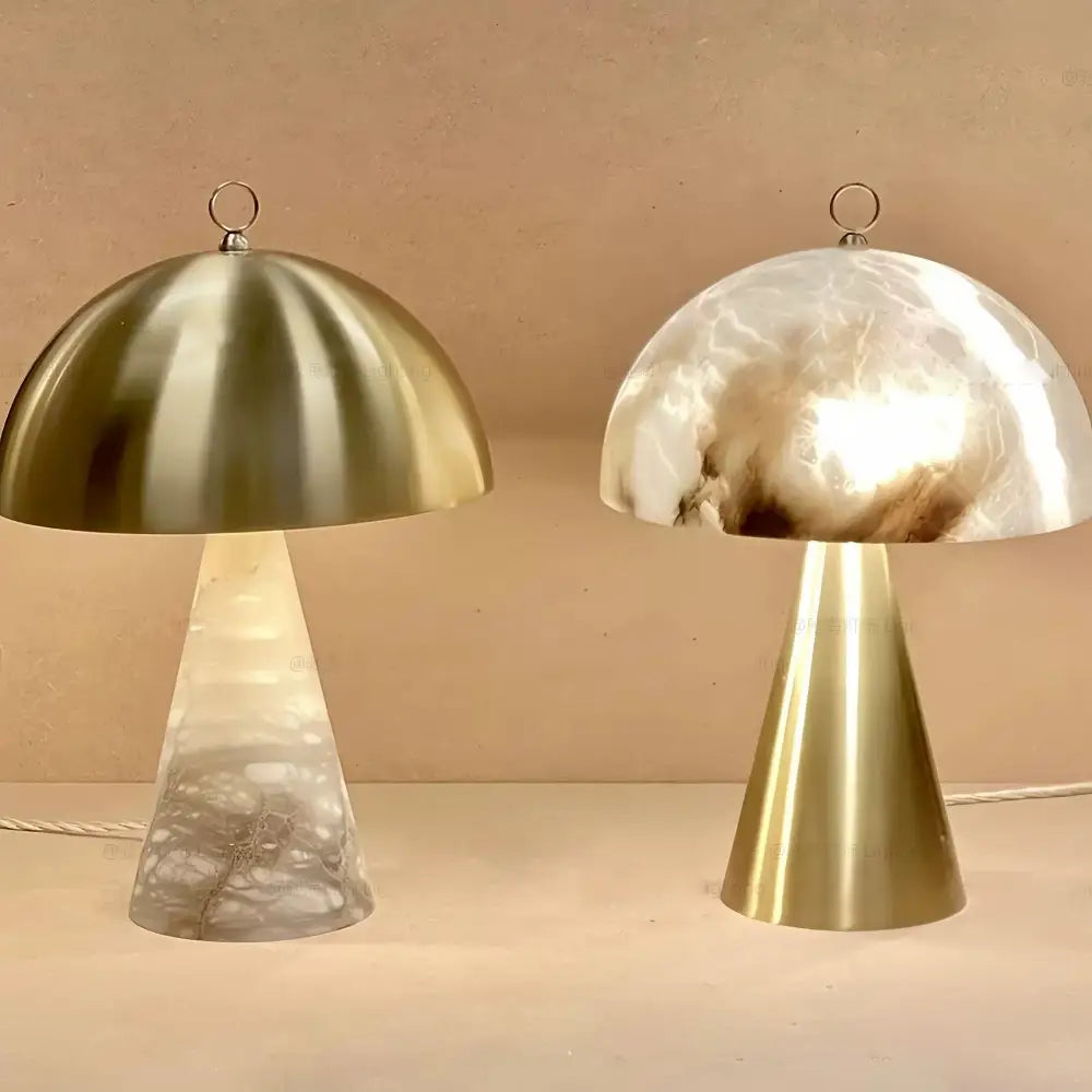 Two elegant natural marble table lamps with brushed gold and opalescent agate domes for decorbites decor