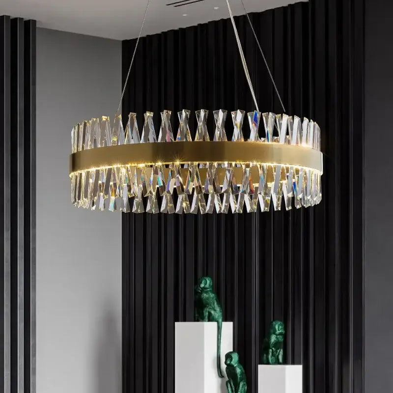 Elegant oval brushed gold rings crystal chandelier with gold-toned frame and cascading prisms for dining room decorbites brushed gold