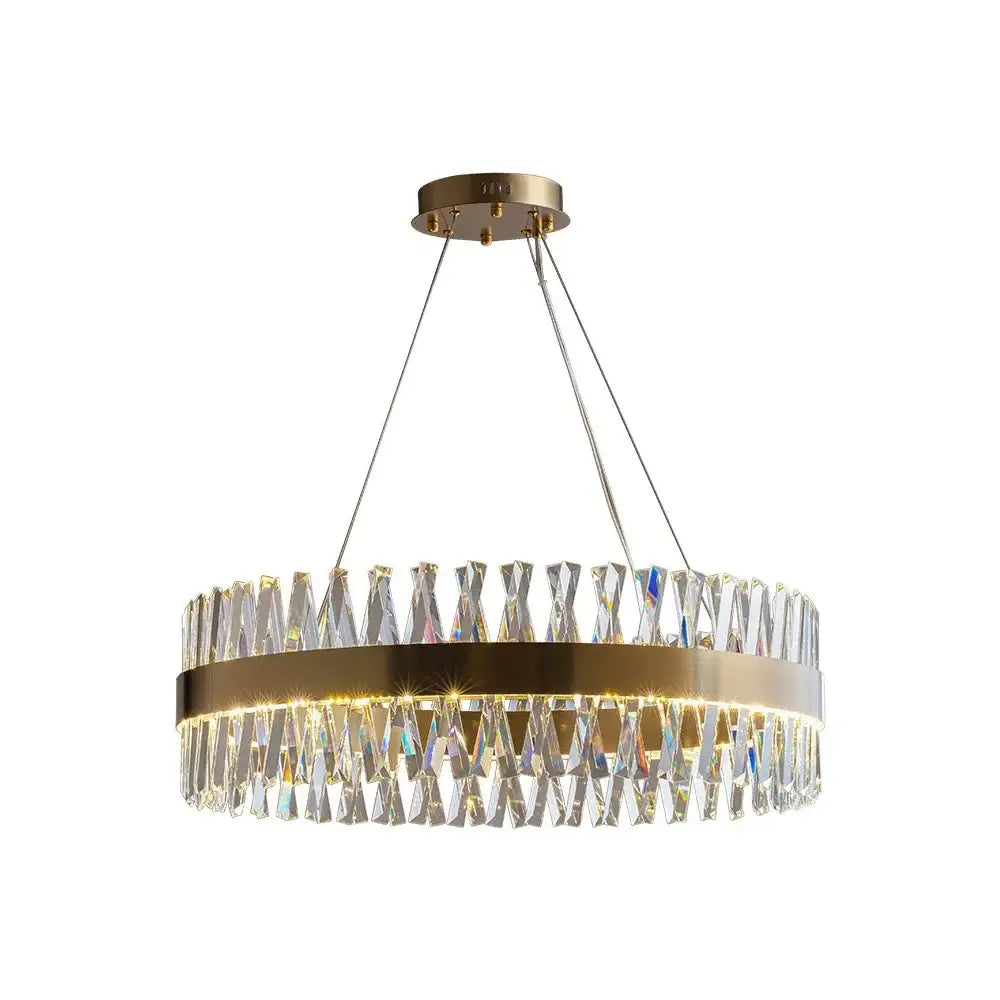 Elegant oval brushed gold rings crystal chandelier with gold-toned metal frame and hanging prisms for dining room decorbites brushed gold