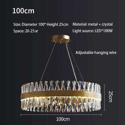 A modern crystal chandelier with brushed gold rings and hanging prisms by decorbites for dining room decor