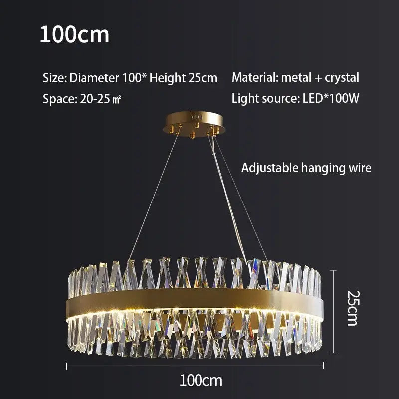 A modern crystal chandelier with brushed gold rings and hanging prisms by decorbites for dining room decor