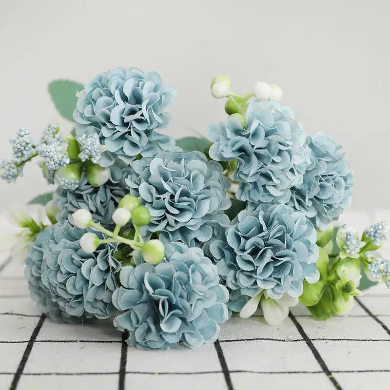 Elegant pink hydrangea decorbites daisy bouquet with light blue artificial hydrangeas and white berries for living room decor