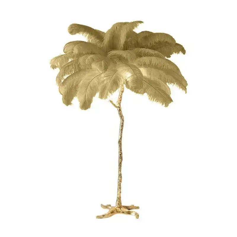 Elegant pink ostrich feather floor lamp with golden feathered palm design and textured metallic trunk for decorbites elegant feather decor