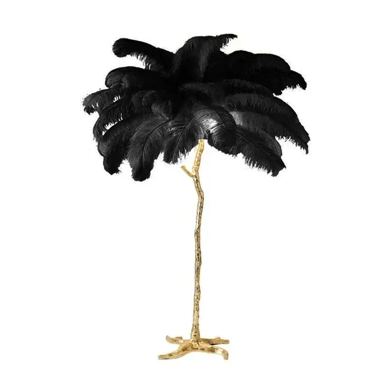 Elegant black ostrich feather floor lamp with gold-toned branch stand from decorbites elegant feather collection