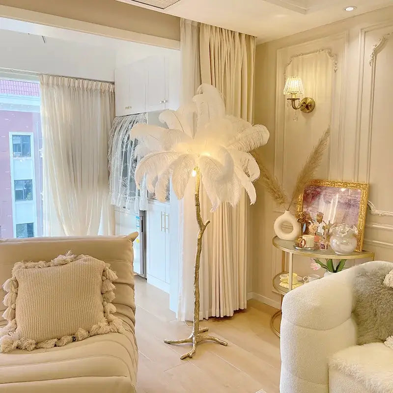Elegant pink ostrich feather floor lamp with gold branch base and white feather crown for decorbites elegant feather decor