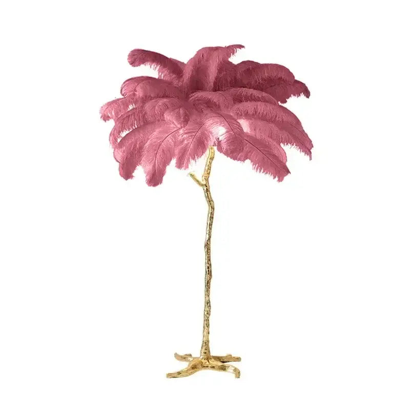 Elegant pink ostrich feather floor lamp with a gold tree-like base perfect for decorbites elegant feather decor