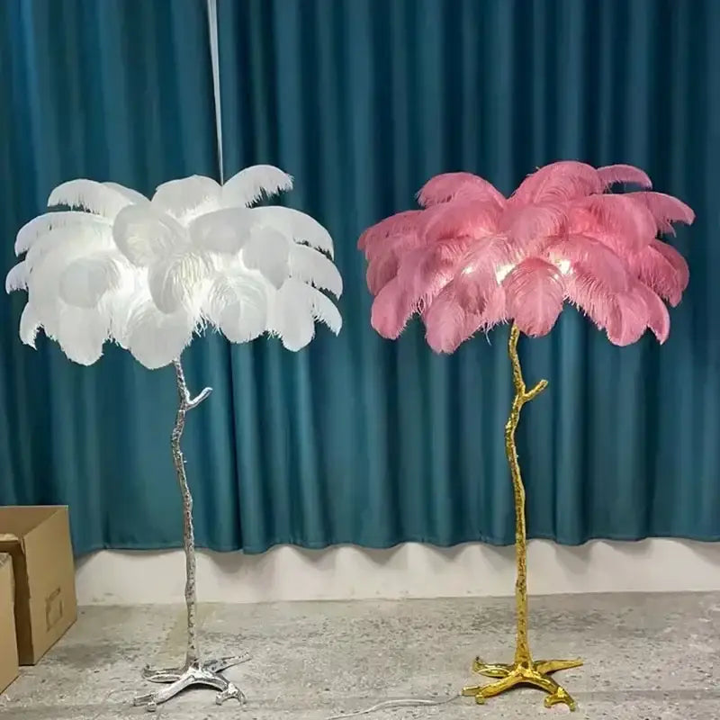 Elegant pink ostrich feather floor lamp with fluffy white and pink feathers on gold metallic branch base decorbites elegant feather