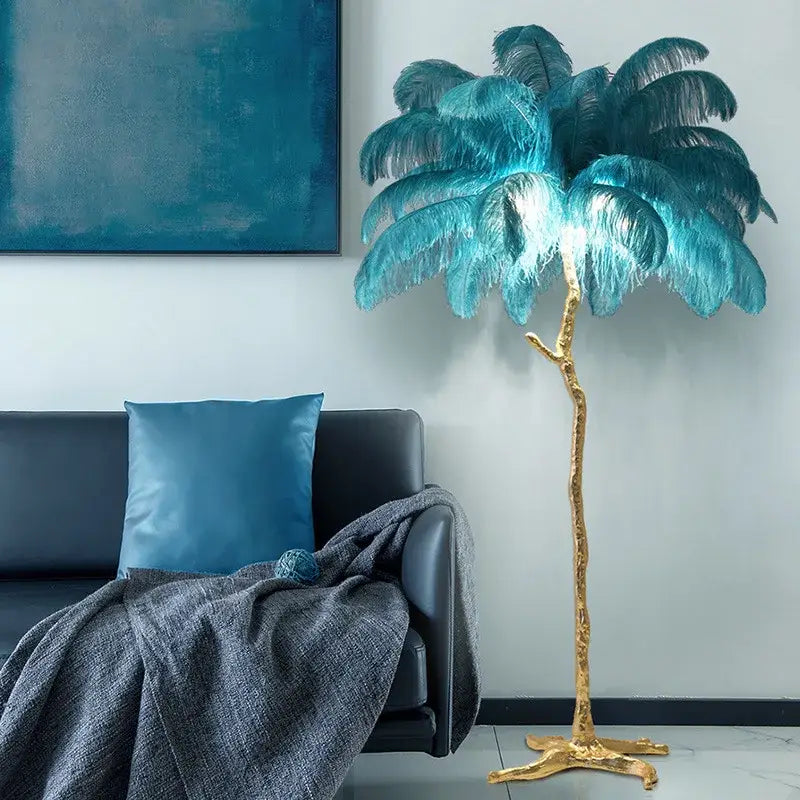 Elegant feather floor lamp with golden tree trunk base and turquoise feather canopy for decorbites elegant feather decor