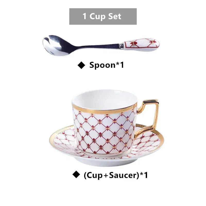 Elegant white porcelain espresso cup and saucer with red geometric lattice and gold trim from decorbites gold porcelain coffee set