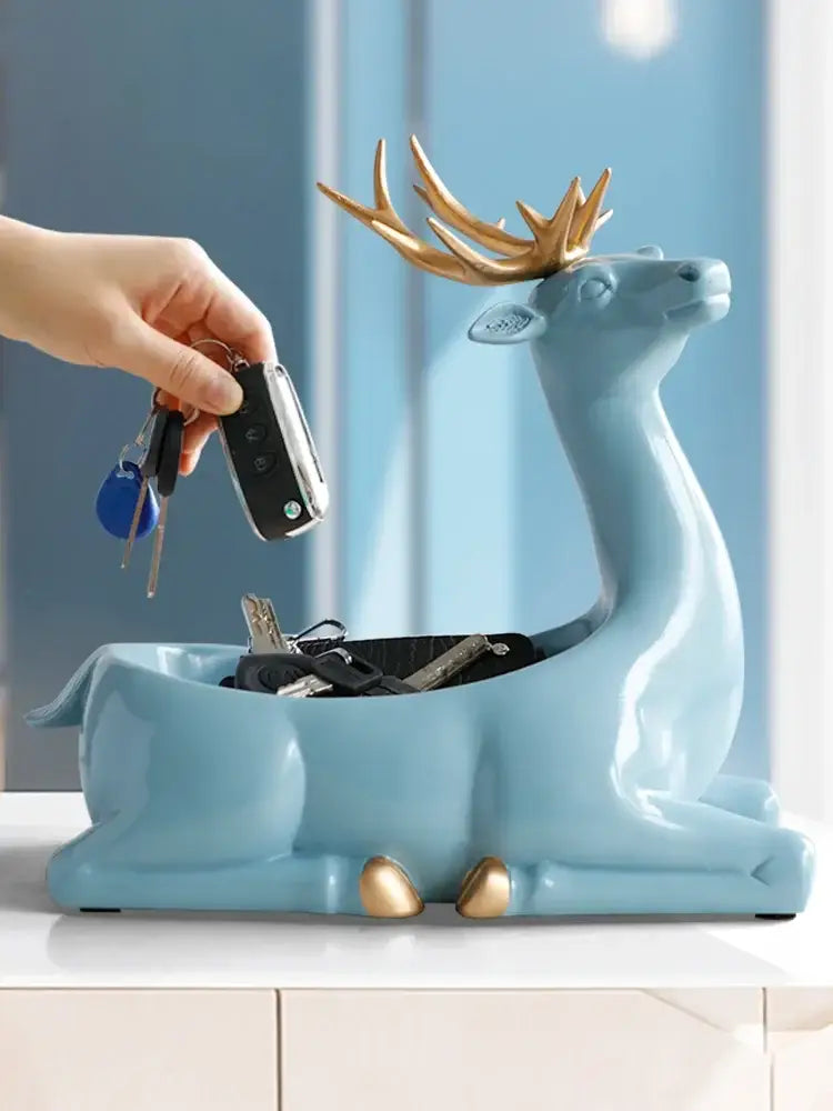 Elegant resin deer light blue ceramic key holder with gold antlers and hooves for living room decorbites decor