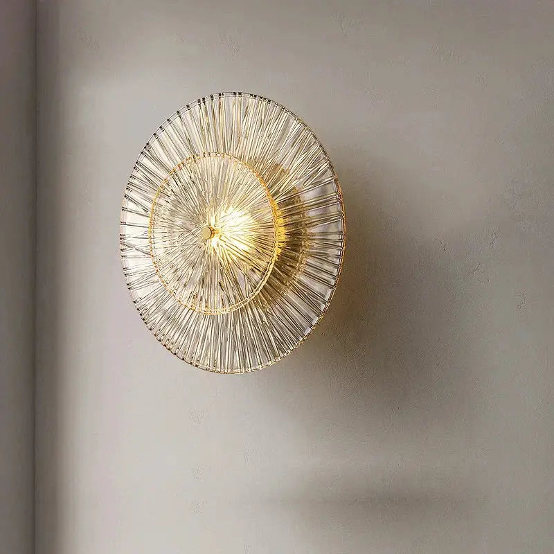 Elegant glass wall circular translucent ribbed glass wall sconce with golden frame for living room decorbites elegant glass
