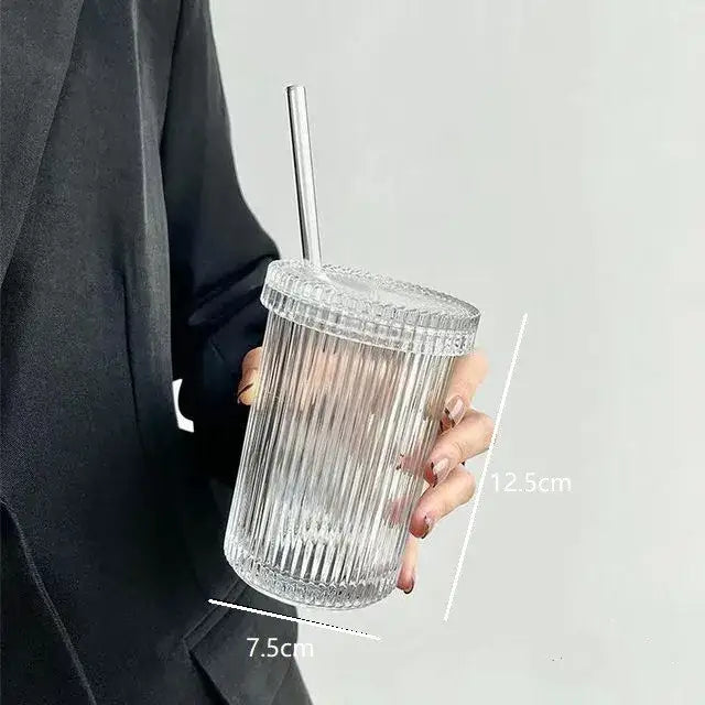 Elegant ribbed decorbites glass straw cup with clear glass tumbler, matching lid, and sleek metallic straw for kitchen use