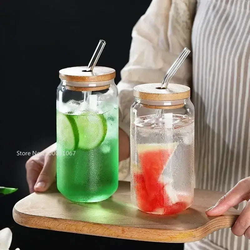 Elegant ribbed clear glass straw cup with bamboo lids and colorful iced drinks by decorbites glass straw collection