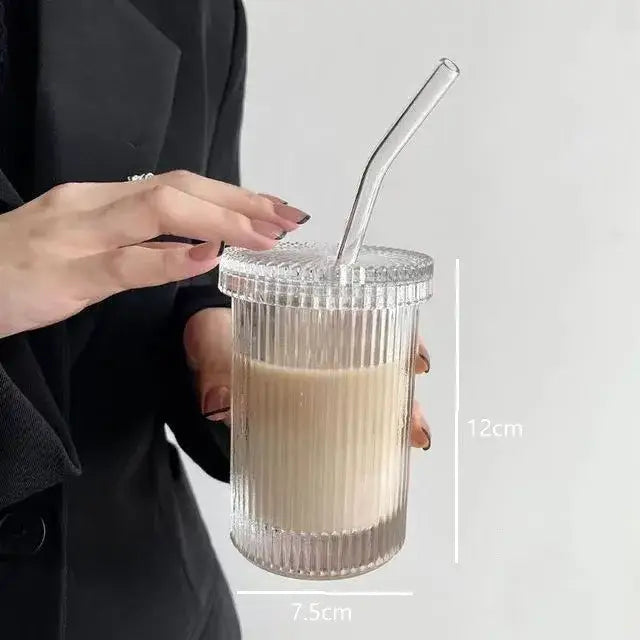 Elegant clear ribbed glass straw cup with matching lid and transparent straw from decorbites glass drinkware collection
