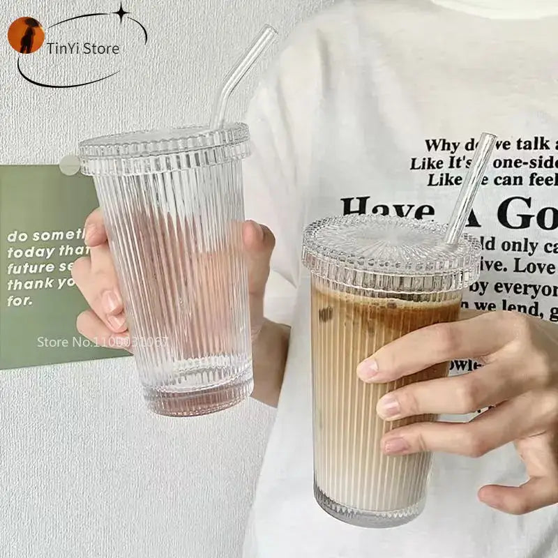 Clear ribbed plastic glass straw cups with matching lids and decorbites glass straws for kitchen and dining use