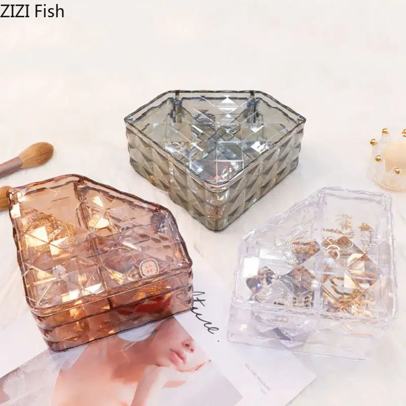 Elegant jewelry boxes in rose gold and silver with clear faceted diamond design for bedroom organization