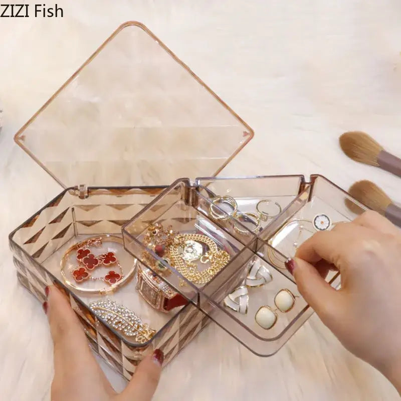 Elegant jewelry boxes transparent rose gold accented acrylic organizer with geometric pattern and multiple compartments