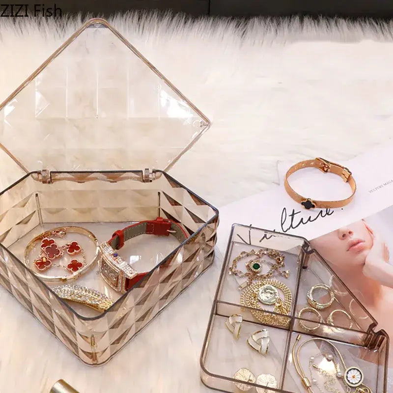 Elegant rose gold and silver clear geometric acrylic jewelry box with hinged lid for organizing elegant jewelry