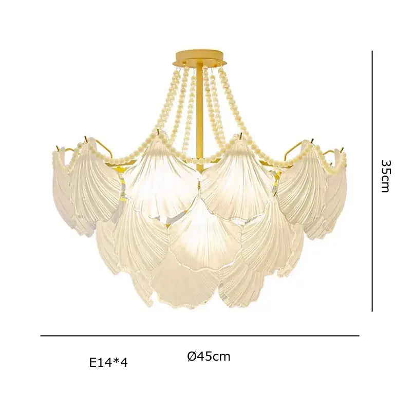 Elegant cream pearl chain chandelier with gold metal frame and translucent shell glass shades for dining room decorbites crystal pearl