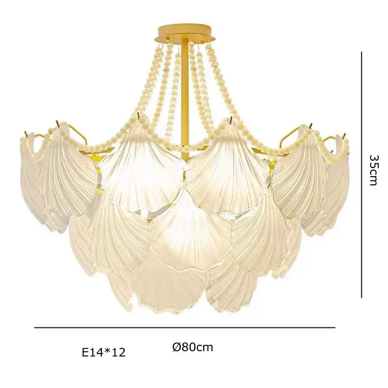 Elegant cream pearl chain chandelier with shell glass shades and gold metal frame for dining room decorbites crystal pearl
