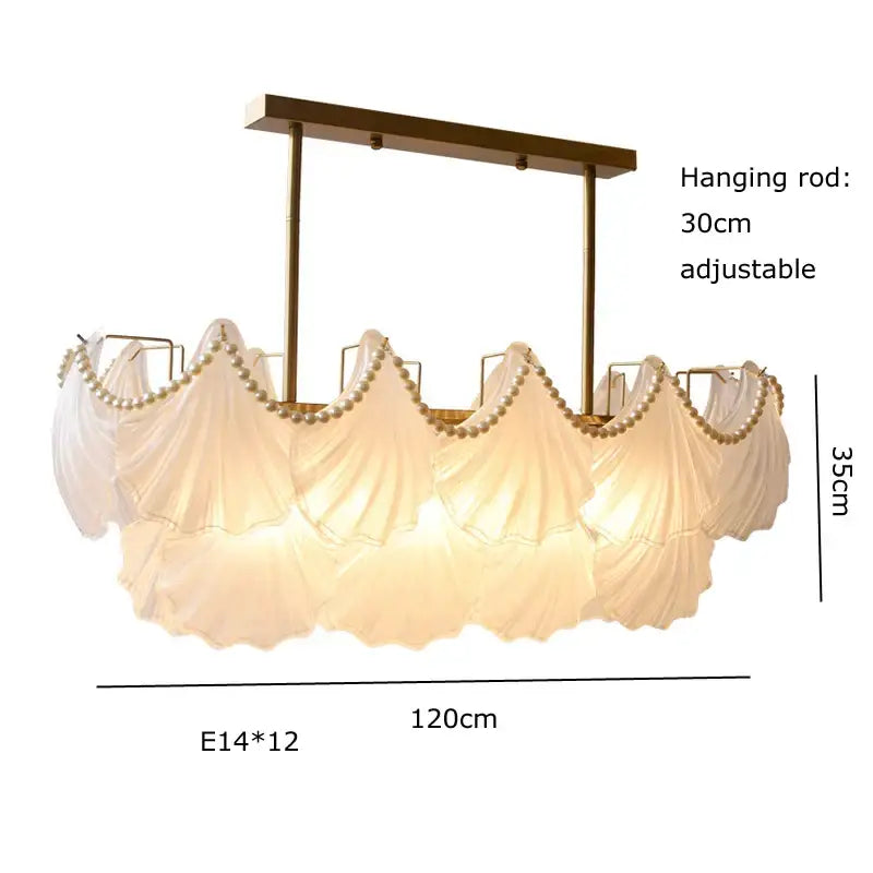 Elegant gold metal pearl chain chandelier with flowing white fabric shades and beaded trim for dining room decorbites crystal pearl lighting