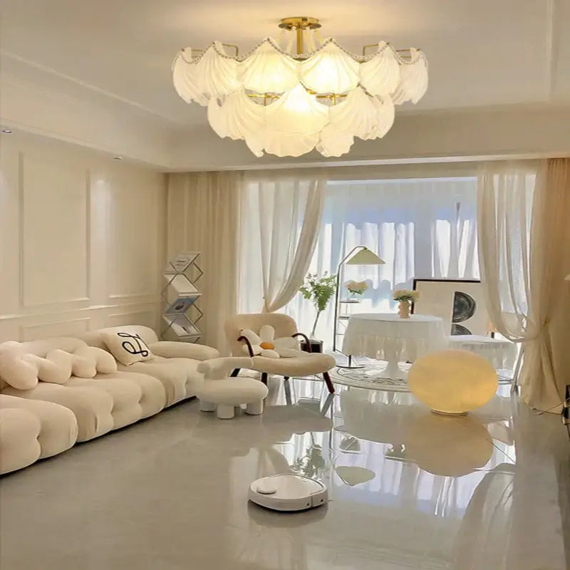 Elegant shell pearl chain chandelier with gold metal frame and white fabric shades for dining room decorbites crystal pearl lighting