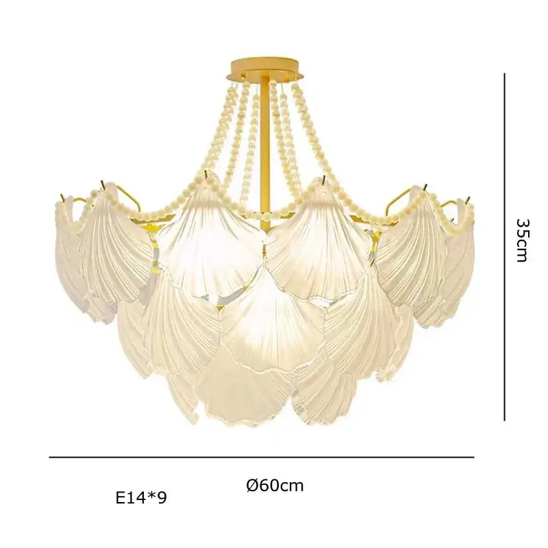 Elegant cream pearl chain chandelier with gold metal frame and decorbites crystal pearl accents for dining room decor