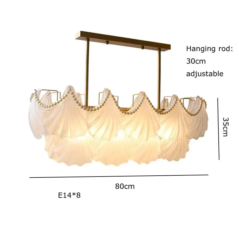 Elegant cream-colored pearl chain chandelier with gold metal frame and decorbites crystal pearl beaded trim for dining room