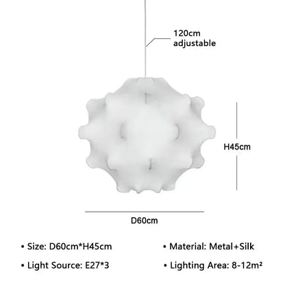 White spherical pendant lamp with textured ruffled petal design made of metal and silk decorbites elegant silk pendant