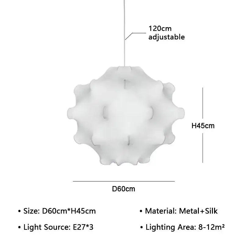 White spherical pendant lamp with textured ruffled petal design made of metal and silk decorbites elegant silk pendant