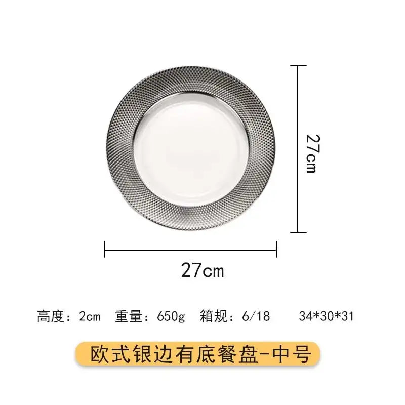 Elegant 27cm european-style glass steak and pasta plate with silver textured rim and smooth white center from tableware collection