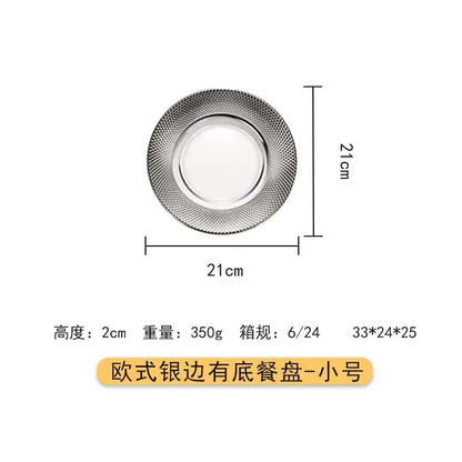 Elegant silver textured glass steak and pasta plate with a metallic edge and smooth white center for tableware collection