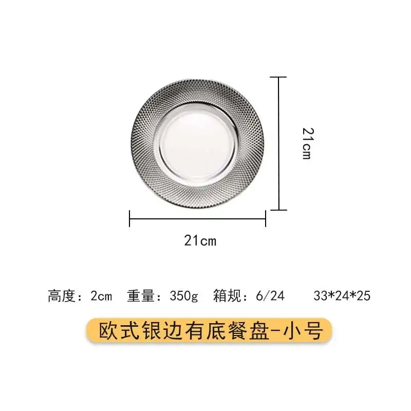 Elegant silver textured glass steak and pasta plate with a metallic edge and smooth white center for tableware collection