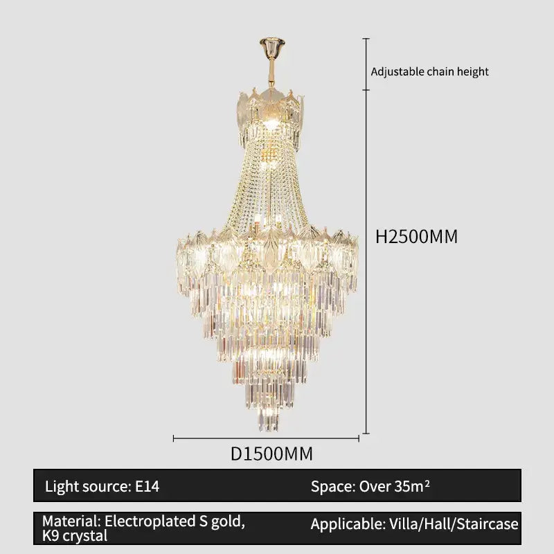 A decorbites elegant simple staircase chandelier with gold electroplated finish and cascading k9 crystal prisms