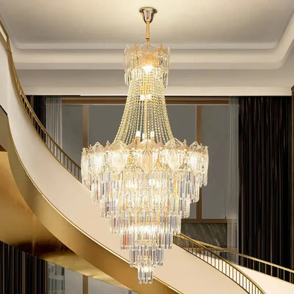 Elegant simple staircase chandelier with multi-tiered gold crystal glass and polished brass decorbites elegant simple design