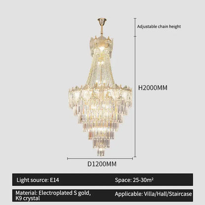 Gold-plated elegant simple staircase chandelier with cascading k9 crystal tiers and adjustable chain for living room decorbites