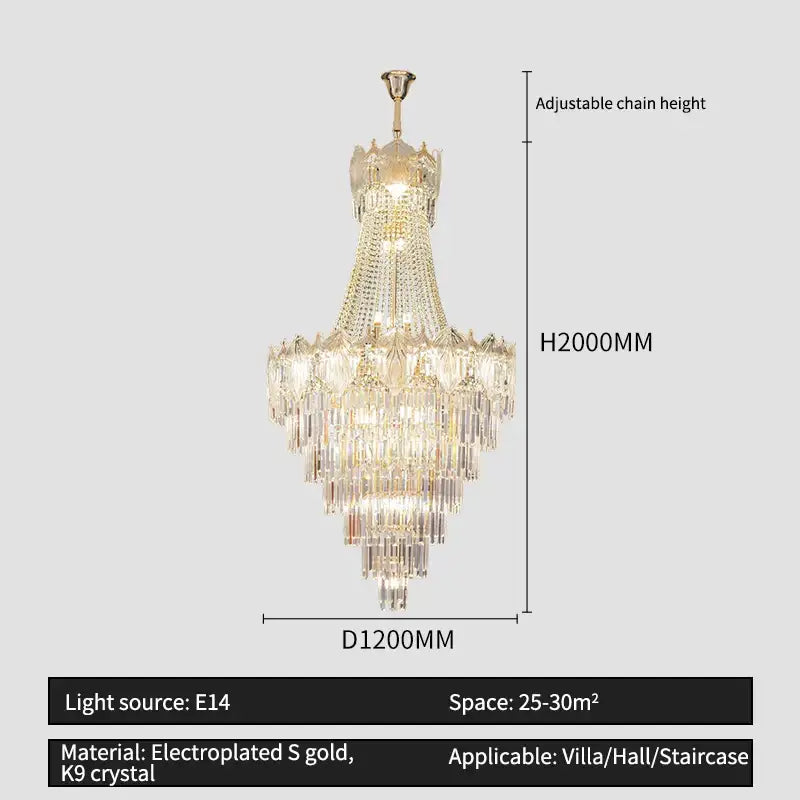 Gold-plated elegant simple staircase chandelier with cascading k9 crystal tiers and adjustable chain for living room decorbites